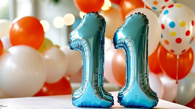 Celebration with blue number 11 balloon at festive party with colorful decorations