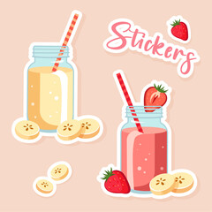 Vector set of cute smoothie jar stickers with strawberry and banana on light background. Fun fruity drink illustrations for kids, summer decor, holiday sales, textile design, and digital products