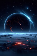 A cosmic scene of a planet amidst nebulae