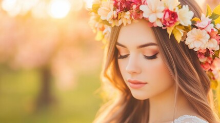 Fototapeta premium Young woman with flower crown enjoying a moment during springtime in nature