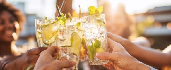 The refreshing cocktail toast among friends during a joyful summer evening