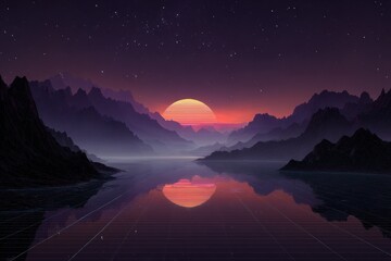 Sunset over a misty mountain lake, digitally rendered