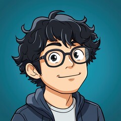 Cartoon portrait of a young person.  Friendly, anime-style character with glasses and a hoodie.  Teal background
