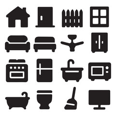 Vector Home Icons – House, Couch, Sink, Fridge, Oven, Bathtub, Room Elements