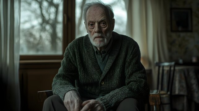 An elderly man with gray hair and beard sits in a wooden chair, wearing a dark green cardigan. He gazes directly at the camera, hands clasped in his lap. The background is softly blurred.