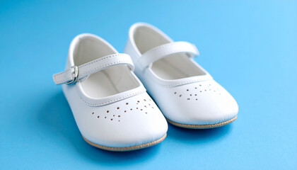 white baby shoes blue background