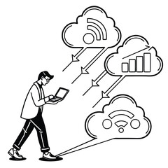 Connectivity Concept Person Walking with Laptop Surrounded by Clouds Representing Data Transfer and Wireless Communication Technology