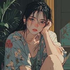 Woman in floral shirt, contemplative pose