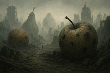 Surreal apocalyptic landscape with giant decaying fruits among ruins