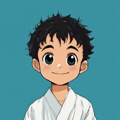 Smiling young boy in white gi against teal