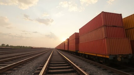 Fototapeta premium Containers stacked on railroad cars stretching into the horizon with warm sky and rail tracks leading to a vibrant setting sun