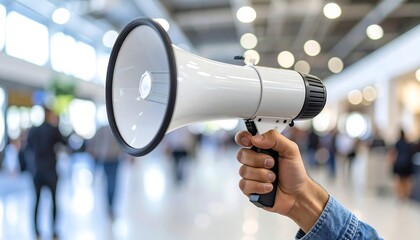 Megaphone announcement with busy hall.