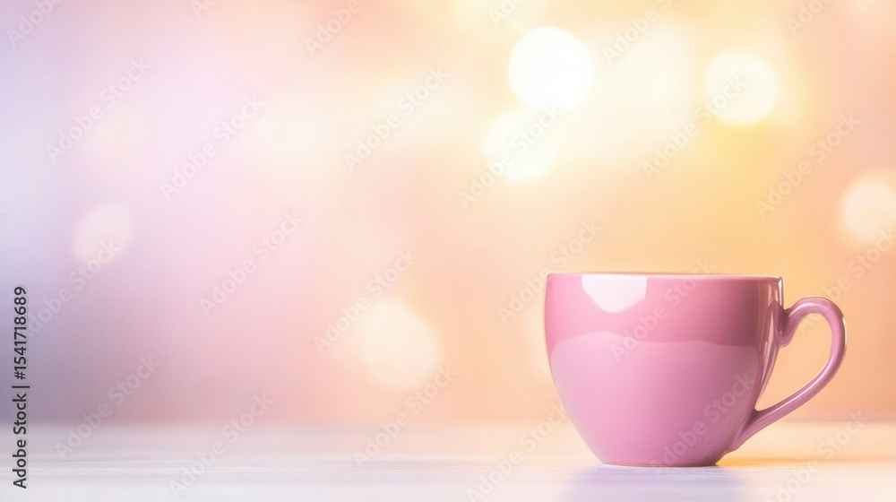 Poster pink cup on a table with a soft bokeh background in warm tones