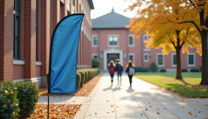 Flag banner mockup. Vertical hanging banner at school building in autumn