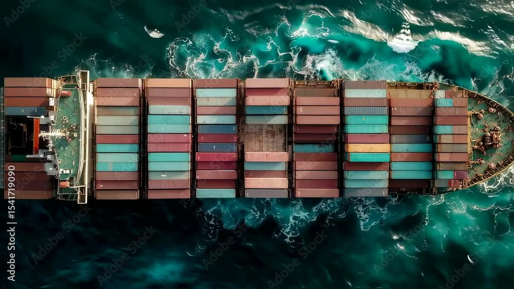 Poster container ship on ocean: a large container ship, laden with colorful cargo containers, sails across 