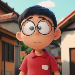 Close-up of a cartoon boy, slightly concerned expression, wearing glasses and a red polo shirt.  Japanese-style houses in the background.  3D animation