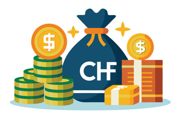 Swiss Francs and US Dollars Depicted as Coins and Currency Bags Representing Wealth and Financial Holdings in Global Economy