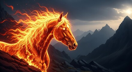 Fire horse with glowing mane and tail in a mountain landscape at twilight. Mythical creature concept. Fantasy art, new year symbol 2026