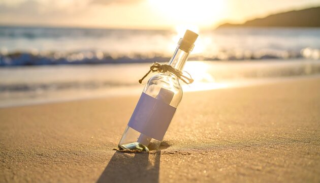 Message in a bottle with sunset beach.