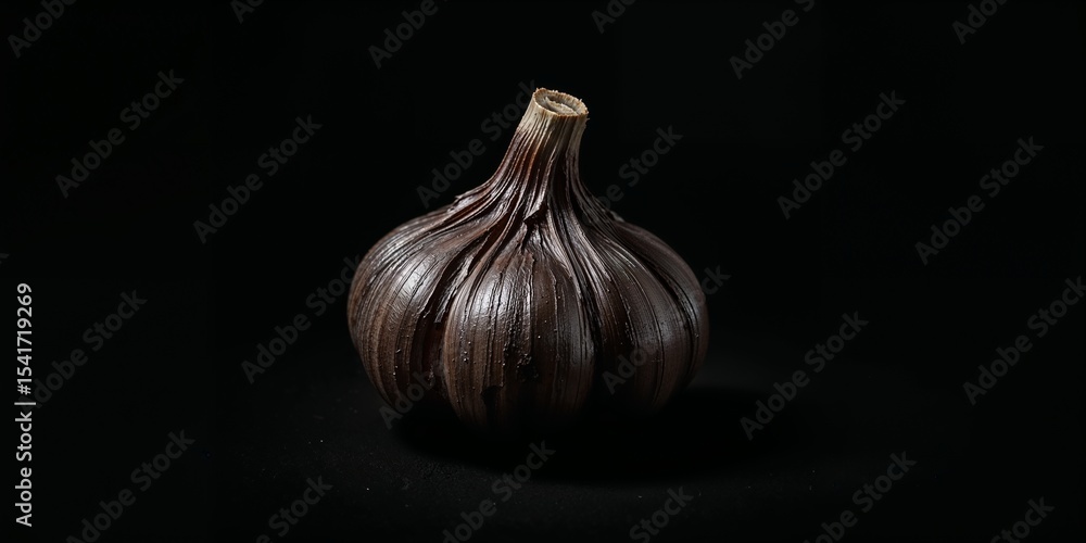 Poster a single bulb of black garlic displayed against a stark black background in a studio setting