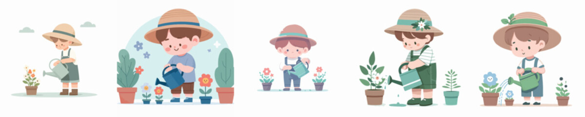 vector character boy watering flowers