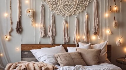 Boho style bedroom with dream catcher. Selective focus. Pastel. - Powered by Adobe