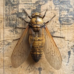 Large insect, light brown and tan,  wings spread wide,  on antique paper