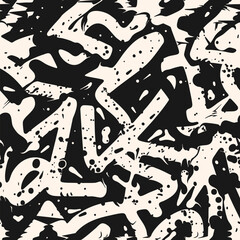 Graffiti pattern. Vector abstract seamless texture with paint splashes, chaotic shapes, strokes, lines, dots. Black and white ink spray grunge background. Urban art. Modern repeating creative design