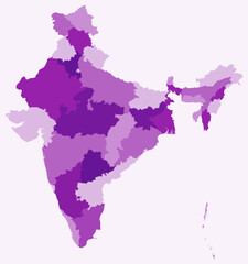 Map of India with states. Just a simple country border map with state division. Purple color palette. Blank India shape with administrative division. Vector illustration.