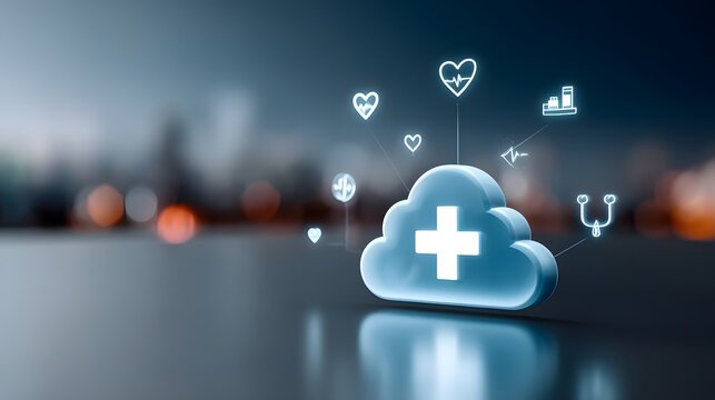 A conceptual representation of cloud computing in healthcare, featuring a cloud icon surrounded by health data symbols. The backdrop is sleek and modern, conveying the seamless integration of