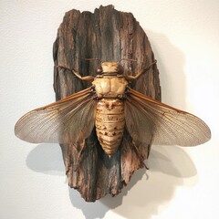 Mounted cicada on bark plaque