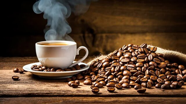 Cup of coffee and coffee beans. Selective focus. Drink.