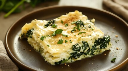 Ravioli with spinach and cheese closeup on a brown plate