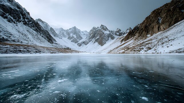 Frozen alpine lake surrounded snowy peaks and icy ground reflecting pale winter sky top down perspective emphasizing seasonal silence and glacial landscape cut out on isolated transparent background