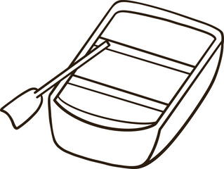 Cartoon outline of wooden boat and paddle on transparent background.