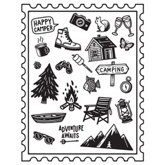 Camping vector with cozy cabin and glowing campfire.
Adventure illustration featuring mountains and hiking gear.
Travel design in black and white doodle style for forest travel projects
