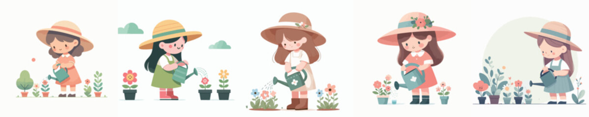vector character girl watering flowers