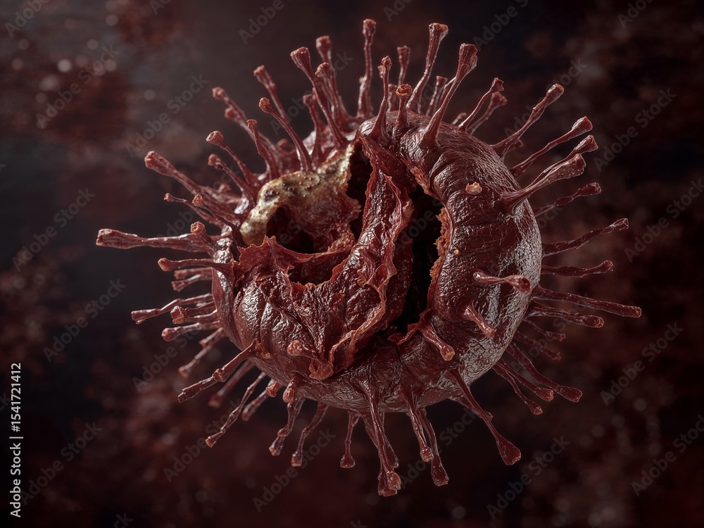 Poster close up view of a microscopic virus cell with spikes and damaged inner structure in dark red color