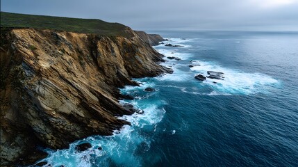 Fototapeta premium Expansive coastal cliffside layered sedimentary rocks crashing waves beneath birds eye view overcast sky and textured ocean rugged coastal nature landscape cut out on isolated transparent background
