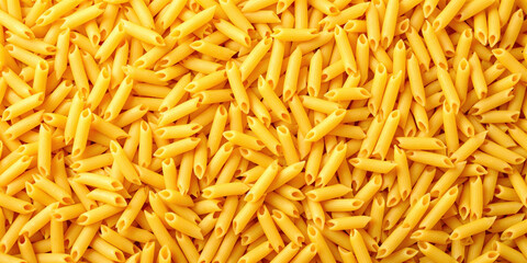 Topdown view of uncooked penne pasta filling the frame in warm light for food texture and culinary design concept