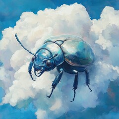 A shimmering blue beetle rests on a fluffy white cloud, set against a vibrant blue sky