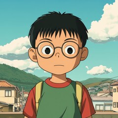 Young boy, glasses, casual wear, anime style.  Japanese village backdrop