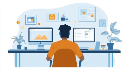 Person working at a desk with dual monitors, plants, and a laptop in a modern office setup