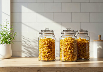 Three glass jars with fusilli pasta on wooden counter in white tiled kitchen with sunlight and green plant