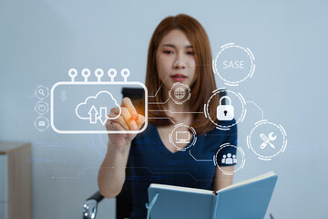 Hand touching secure access service edge icon on smartphone virtual screen background, password,...