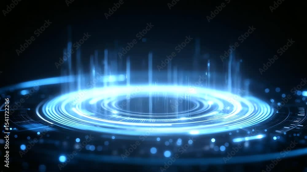 Aufkleber futuristic holographic display showcasing 3d text and diagrams in a dimly lit environment.