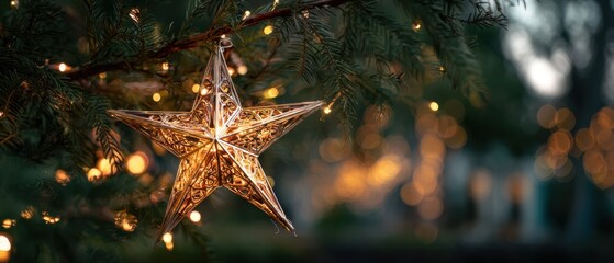 The elegant star ornament hanging on a Christmas tree amidst twinkling lights