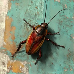 Detailed close-up of a beetle on textured teal wall