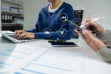 Digital transformation technology strategy, Person using laptop, tablet and smartphone with of things. transformation of ideas and the adoption.