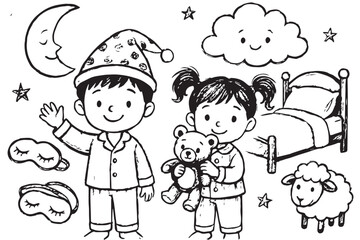 Childhood dreams illustration, kids bedtime, sleep, pajamas, teddy bear, moon, stars, bed, cloud, goodnight, peaceful rest